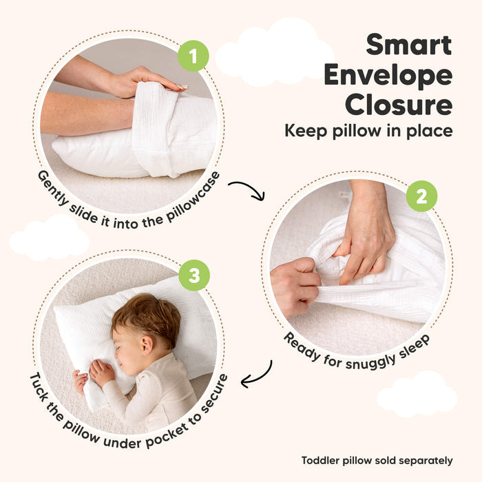 Smart Envelope Closure - Keep pillow in place 
1. Gently slide into the pillowcase 
2. Ready for snuggle sleep 
3. Tuck the pillow under  pocket to secure 
Toddler pillow sold separately
