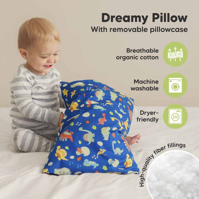 The dreamy pillow features a removable breathable organic cotton cover, high-quality fiber filling, and is machine washable and dryer-friendly for easy care.