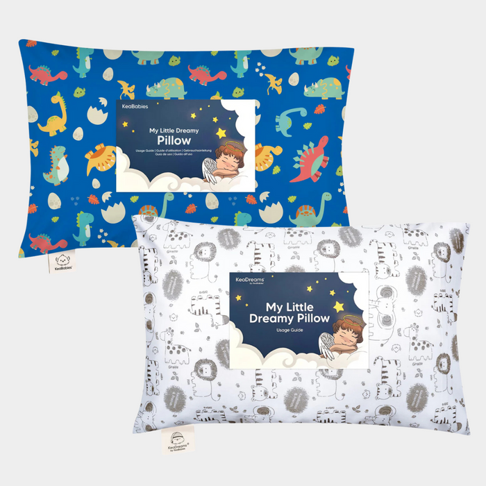 A set of two colorful toddler pillows with playful prints designed for comfort and everyday use.