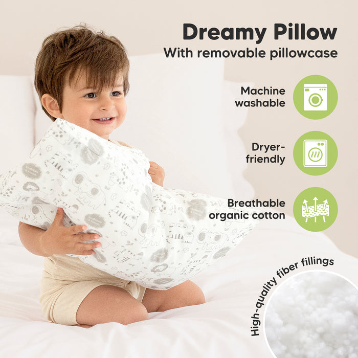 The dreamy pillow features a removable breathable organic cotton cover, high-quality fiber filling, and is machine washable and dryer-friendly for easy care.