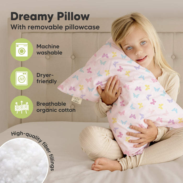 The dreamy pillow features a removable breathable organic cotton cover, high-quality fiber filling, and is machine washable and dryer-friendly for easy care.