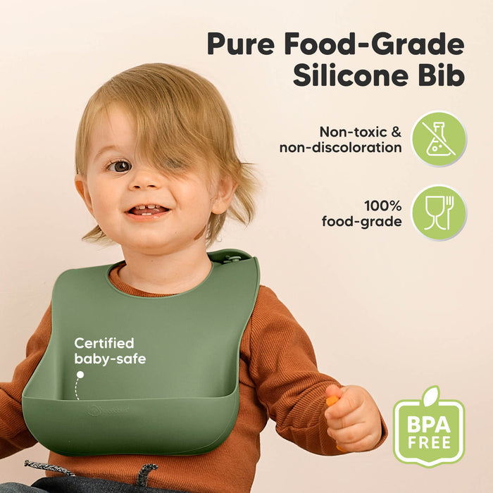 Pure food-grade silicone bib that is non-toxic, BPA-free, certified baby-safe, and resistant to discoloration.