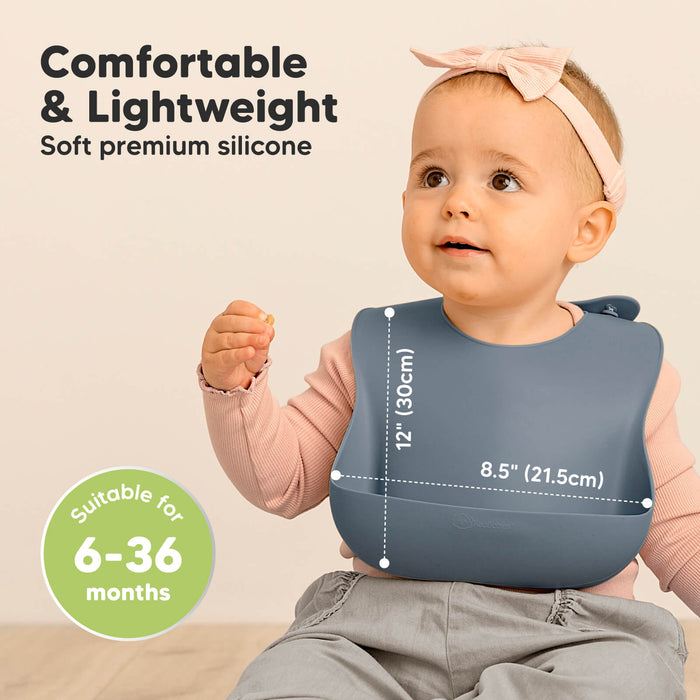 Comfortable and Lightweight soft silicone bib sized 12" x 8.5" suitable for babies 6–36 months.