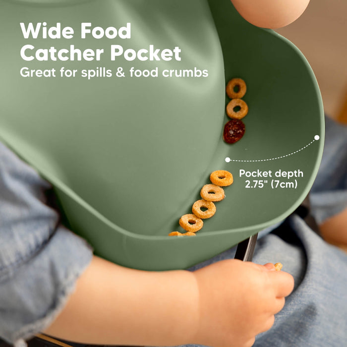 Silicone bib with a wide food catcher pocket featuring a 2.75" deep spill-catching design.
