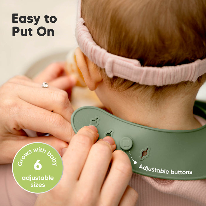 Easy to put on and Adjustable silicone bib with 6 size settings that grows with baby.