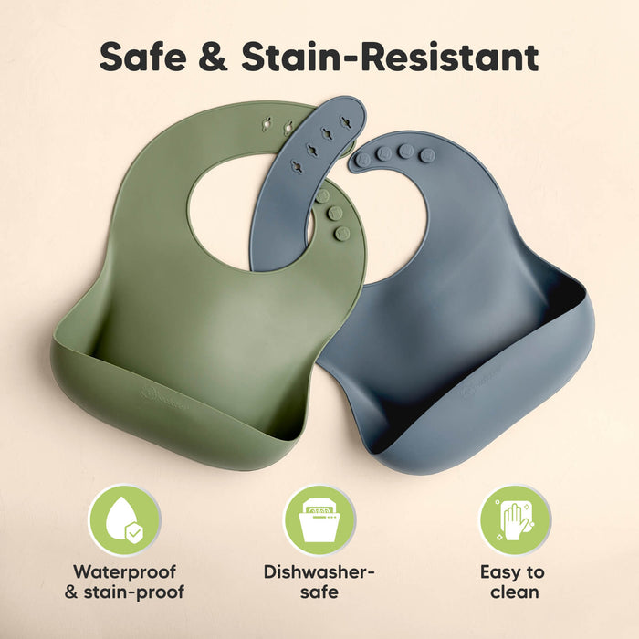 Waterproof stain-resistant silicone bib that is dishwasher safe and easy to clean.