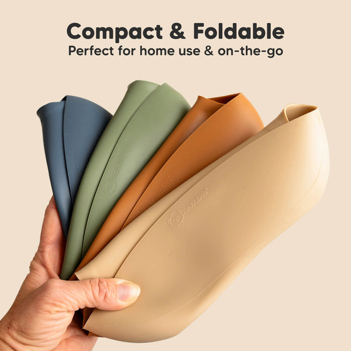 Compact foldable silicone bib designed for convenient home use and travel.