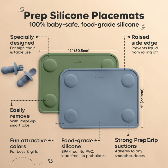 Prep silicone placemats are baby-safe, food-grade, BPA-free mats sized 12 × 9 inches with raised edges and strong suction.