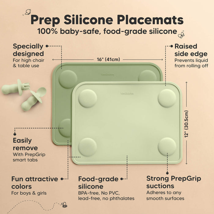 Prep Silicone Placemats (100% baby-safe, food-grade silicone) - Specially designed, Easily remove, Fun attractive colors, Food-grade silicone, Strong PrepGrip suctions, and Raised side edge. Size at 16" x 12"
