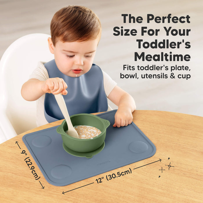 Perfect size for toddler mealtime, the 12 × 9-inch placemat fits plates, bowls, utensils, and cups.