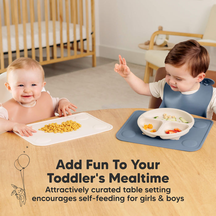 Fun mealtime design encourages toddler self-feeding for boys and girls.