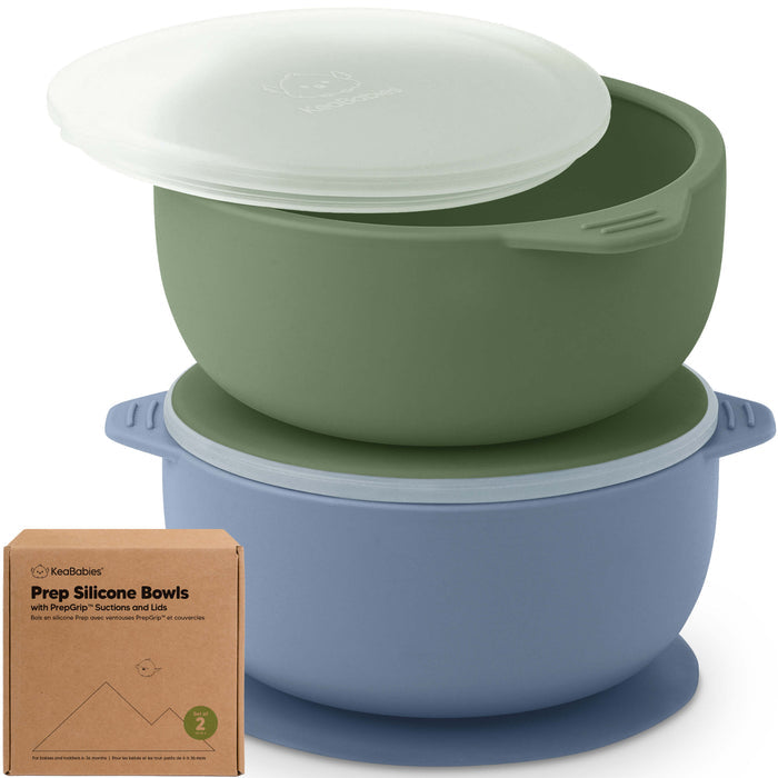 Prep silicone bowls with lids are a set of 2 food-grade, baby-safe bowls with suction bases.