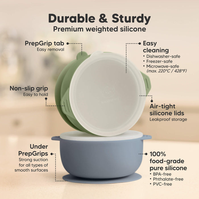 Durable premium weighted silicone bowls with non-slip grip, airtight lids, strong suction bases, and dishwasher-, microwave-, and freezer-safe use.