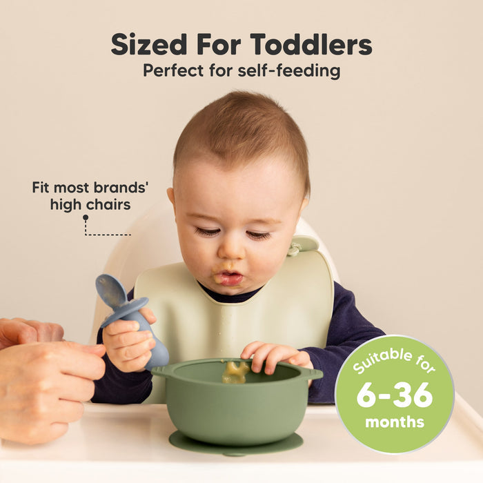Sized for toddlers, the bowls fit most high chairs and are suitable for self-feeding ages 6–36 months.