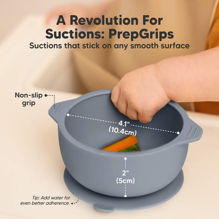 PrepGrip suction bowls stick to smooth surfaces with non-slip handles and measure about 4.1 inches wide and 2 inches deep.