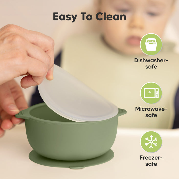 Easy-to-clean silicone bowls are safe for dishwasher, microwave, and freezer use.