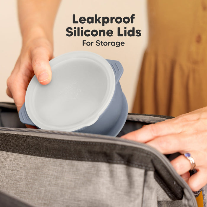 Leakproof silicone lids provide airtight storage for food.