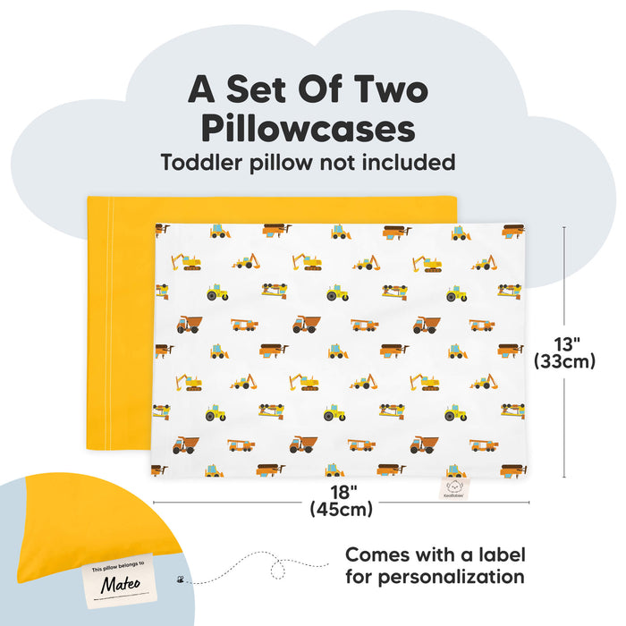 A set of two pillowcases sized 18 × 13 inches with a personalization label, toddler pillow not included.