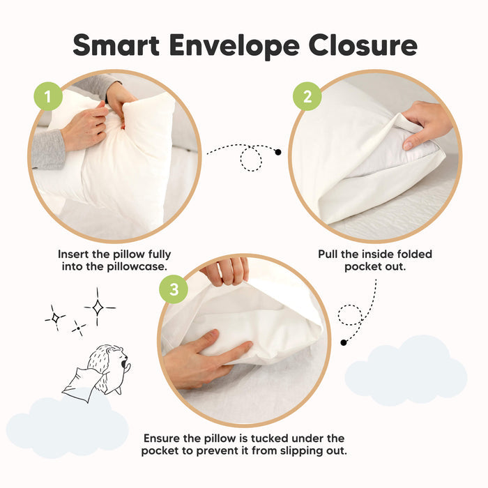 Smart envelope closure pillowcase keeps pillows securely tucked inside.