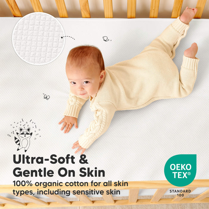 Ultra-soft organic cotton mattress protector is gentle on skin and suitable for sensitive babies.
OEKO TEX STANDARD 100