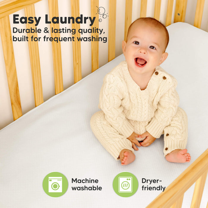Easy laundry mattress cover is durable, machine washable, and dryer friendly.