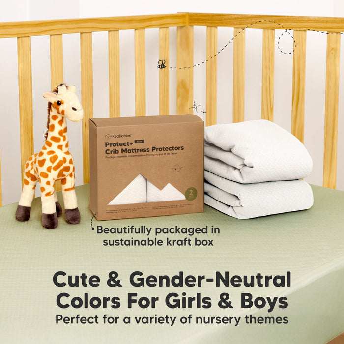 Cute gender-neutral colors mattress protector comes beautifully packaged in a sustainable kraft box.