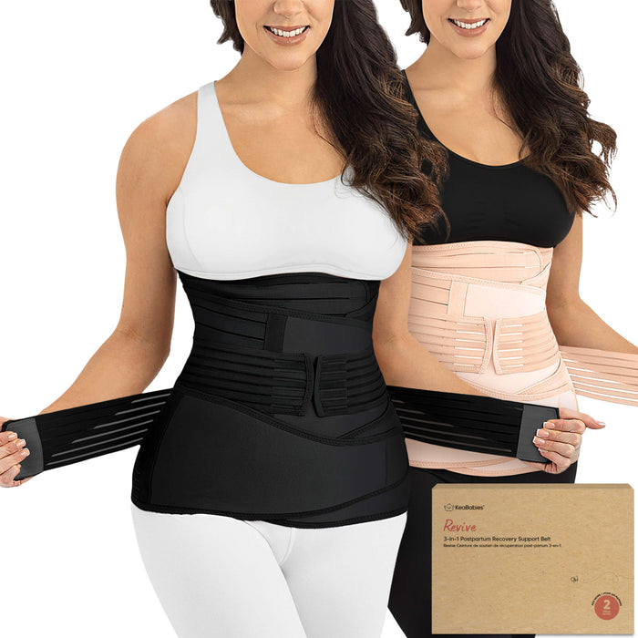 Two women wearing waist support belts with a visible product box on a white background