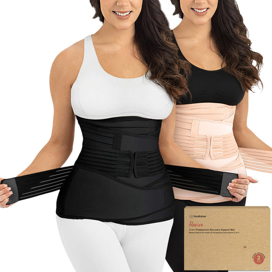 Two women wearing waist support belts with a visible product box on a white background