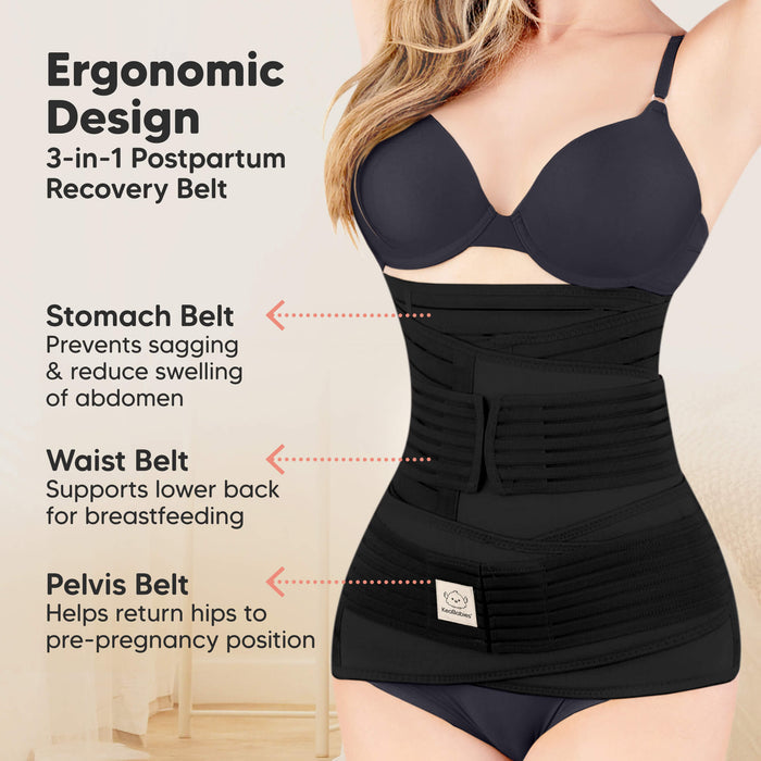 Black postpartum recovery belt with features highlighted on a beige background