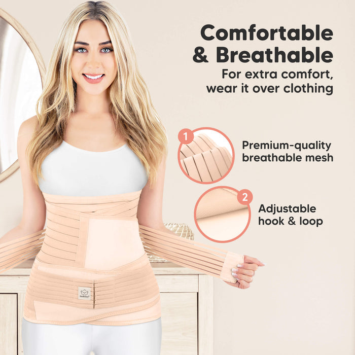 Woman wearing a beige compression garment with text highlighting comfort and features.