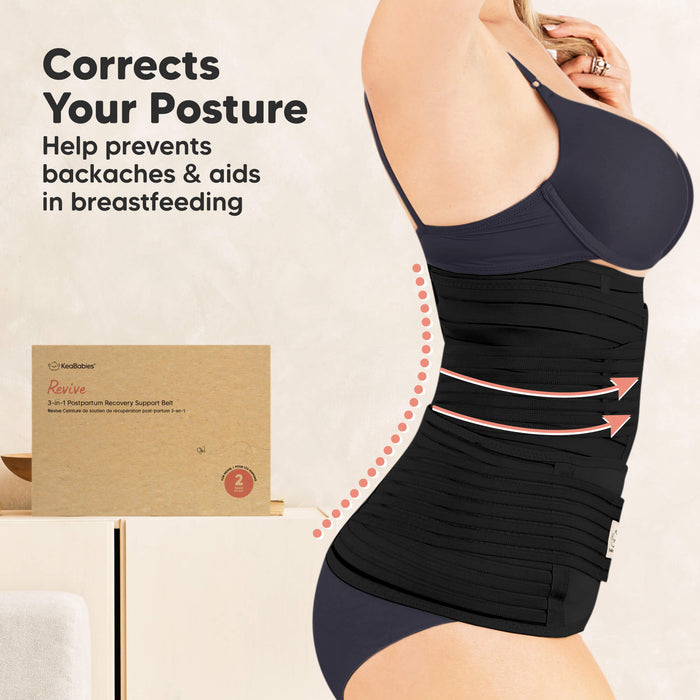 Woman wearing a black posture corrector with text highlighting its benefits on a beige background.