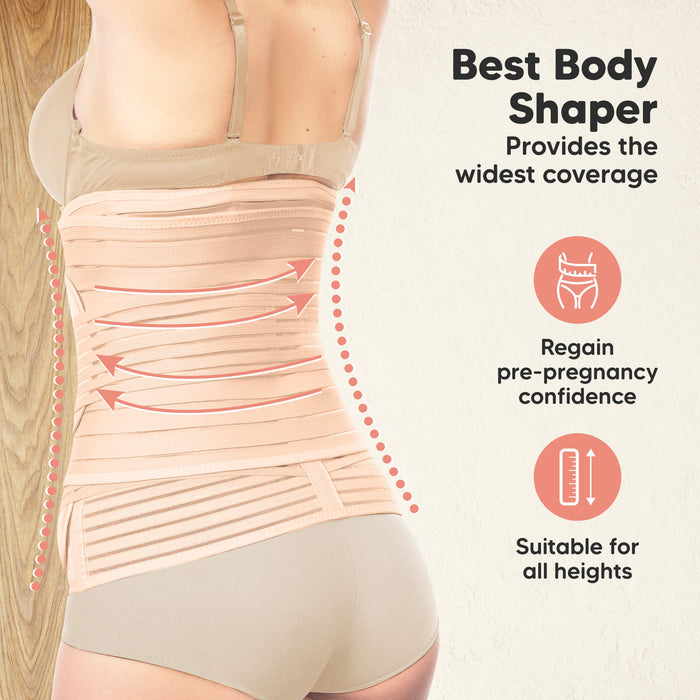 Body shaper worn by a person with text highlighting its features on a light background
