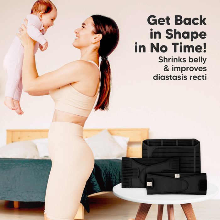 Woman holding a baby with a waist trainer and text about weight loss and belly shrinking.