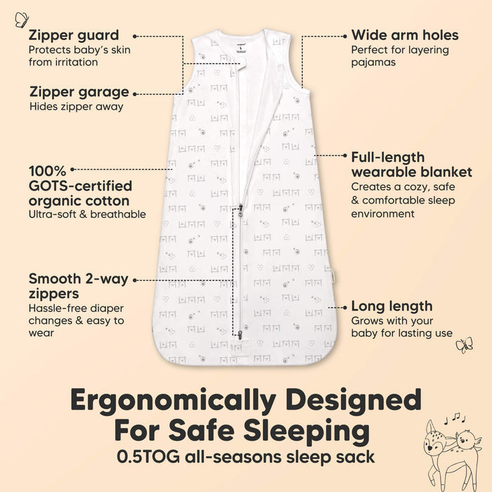 Ergonomically designed 0.5 TOG GOTS-certified organic cotton sleep sack with smooth 2-way zipper, zipper guard & wide arm holes