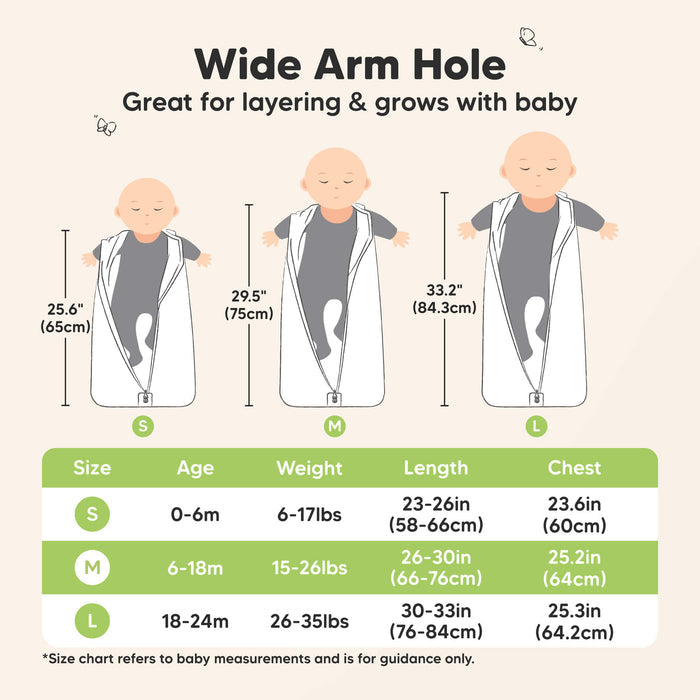 Wide Arm Hole (great for layering and grows with baby) - Small (0-6months, 6-17lbs weight, 23-26" length, 23.6" chest wide), Medium (6-18months, 15-26lbs weight, 26-30" length, 25.2" chest wide), Large (18-24months, 26-35lbs weight, 30-33" length, 25.3" chest wide)