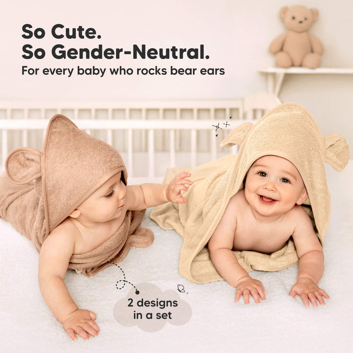 So cute gender-neutral hooded towels with two designs included in one set.