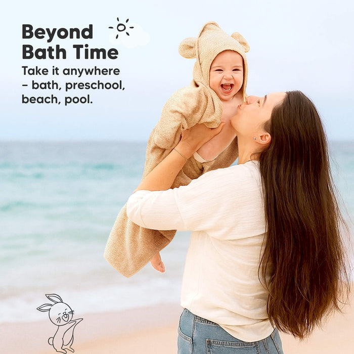 Beyond bath time hooded towel suitable for bath, beach, preschool, or pool use.