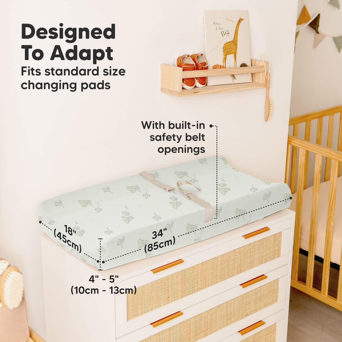 Designed to adapt - fits standard size changing pads size at 34inches long, 18inches wide, and 4-5inches depth (with built in safety belt openings)
