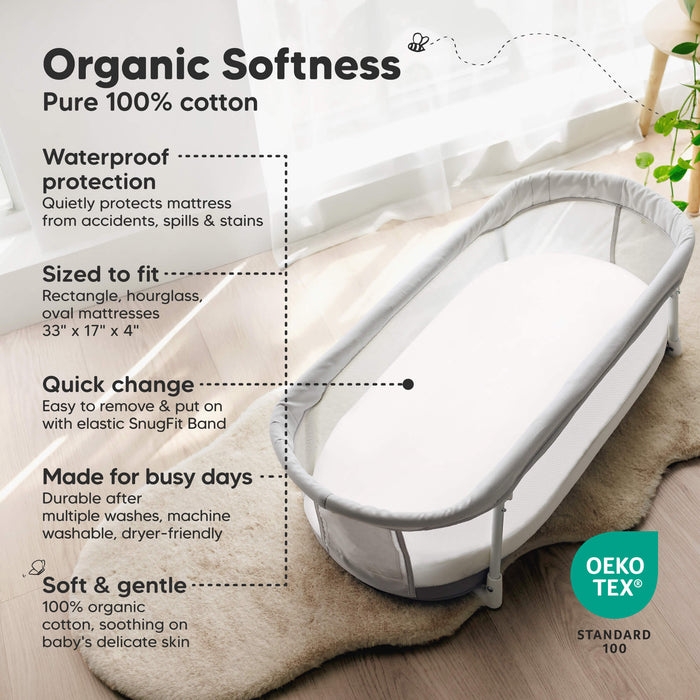 Organic Softness - Pure 100% 
Waterproof protection
that quietly protects mattress from accidents, spills & stains

Sized to fit 33" x 17" x 4" can be fit on Rectangle, hourglass, oval mattresses

Quick change Easy to remove & put on with elastic SnugFit Band

Made for busy days - Durable after multiple washes, machine washable, dryer-friendly

OEKO TEX®
STANDARD 100