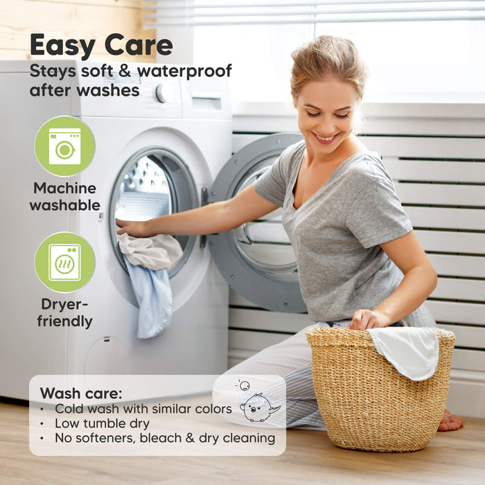 Easy care bassinet protector that is machine washable, dryer-friendly, and stays waterproof after washes.