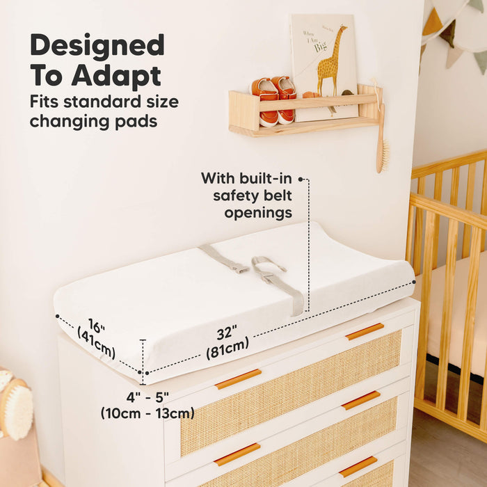 Designed to adapt - fits standard size changing pads size at 32inches long, 16inches wide, and 4-5inches depth (with built in safety belt openings)