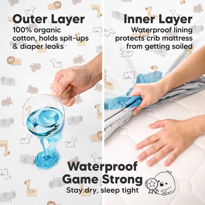 Waterproof Game Outer Layer, Stay dry, sleep tight ,100% organic cotton, holds spit-ups and diaper leaks, Inner Layer, Waterproof lining protects crib mattress from getting soiled