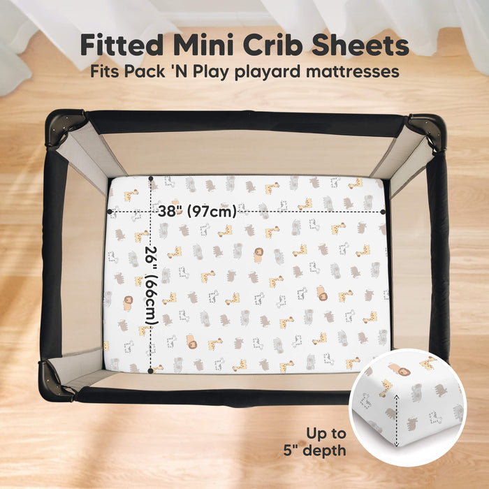 Fitted mini crib sheets sized 38 × 26 inches with up to 5-inch depth, designed to fit Pack ’N Play playard mattresses.