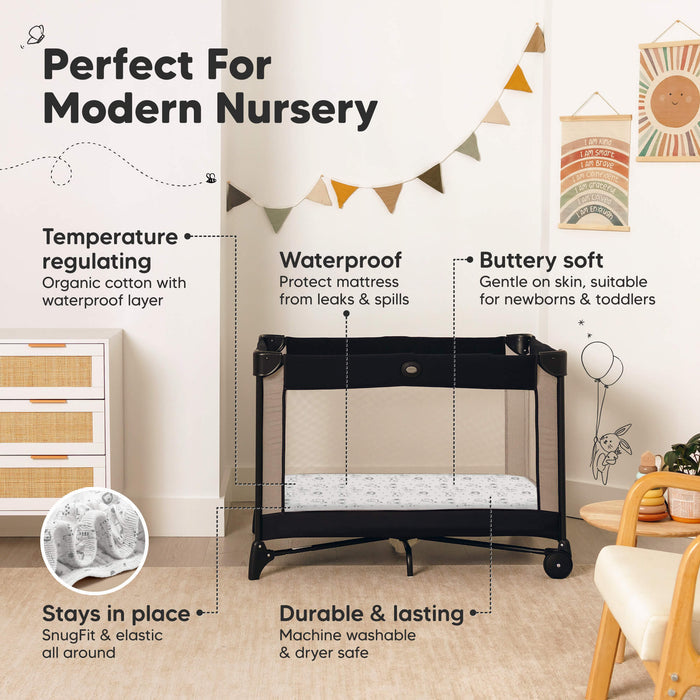 Perfect for modern nursery waterproof crib sheet made of temperature-regulating organic cotton that is buttery soft, leak-protective, snug-fit to stay in place, durable, machine-washable, and dryer-safe.