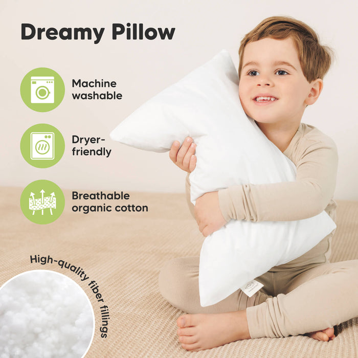 The dreamy pillow has breathable organic cotton fillings and machine washable and dryer-friendly for easy care.