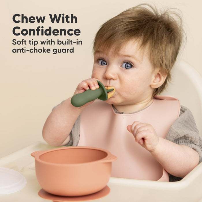Chew with confidence using a soft-tip design with a built-in anti-choke guard.