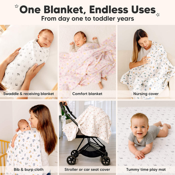 One Blanket, Endless Uses - From day one to toddler years. Can be used for Swaddle & receiving blanket, Comfort blanket, Nursing cover
Bib & burp cloth, Stroller or car seat cover, Tummy time play mat