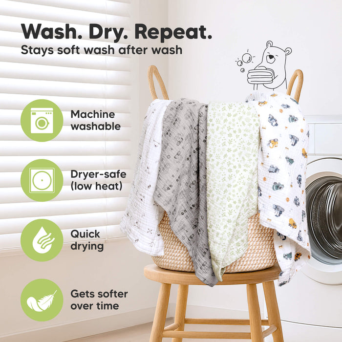 Wash. Dry. Repeat. - Stays soft wash after wash. Machine washable, Dryer-safe (low heat), Quick drying, Gets softer over time