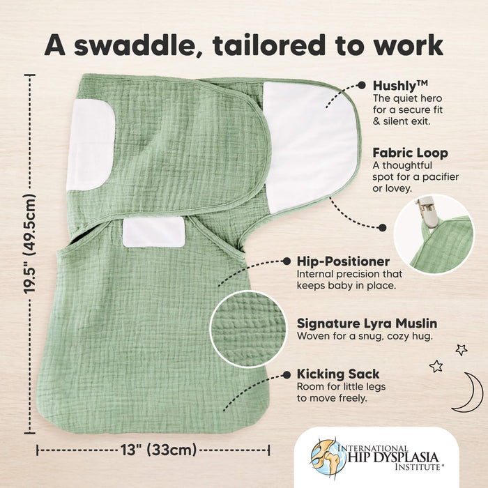 A swaddle, tailored to work - size at 19.5" x 13". (Hushly, Fabric Loop, Hip-Positioner, Signature Lyra Muslin, with Kicking Sack)