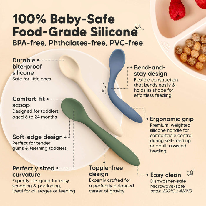 100% Baby-Safe Food-Grade Silicone, BPA-free, phthalates-free, PVC-free, durable yet soft, comfort-fit scoop, soft-edge design, perfectly sized for easy portion feeding, bend-and-stay flexibility, ergonomic grip handle, easy to clean, dishwasher-safe, microwave-safe, freezer-safe.